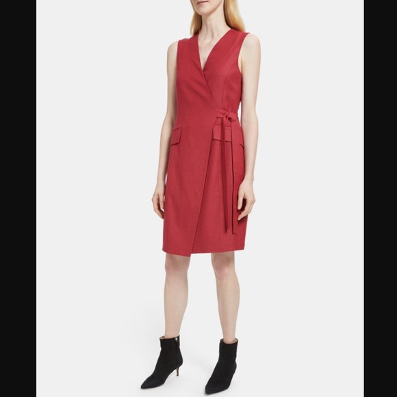 Theory Sleeveless Wrap Dress in Wool Flannel Pink Ruby Melange Sleek 2 - Picture 3 of 4